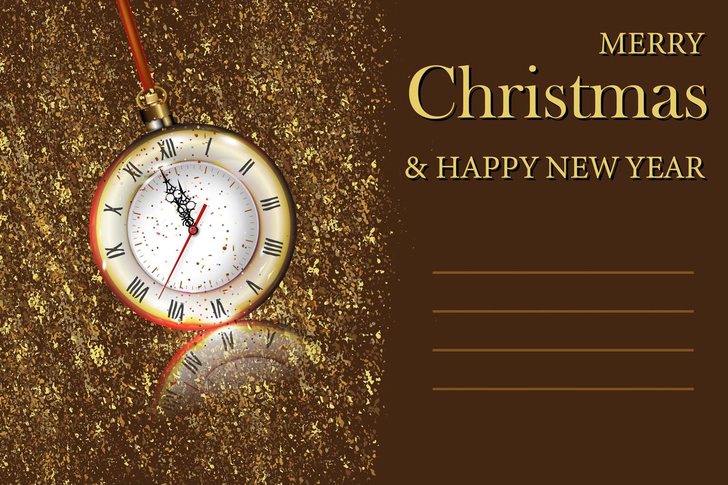 Merry Christmas and New Year greeting card with golden watch. vector