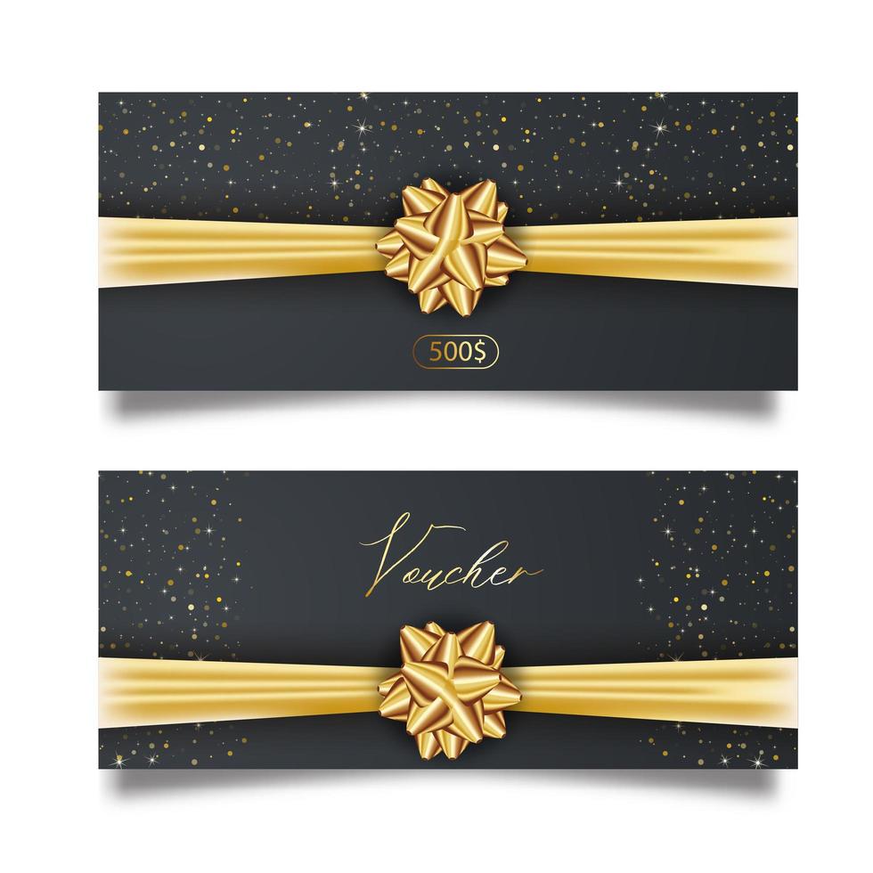 Set of stylish gift voucher with golden ribbon and bow. Vector elegant template for gift card, coupon and certificate isolated from background.