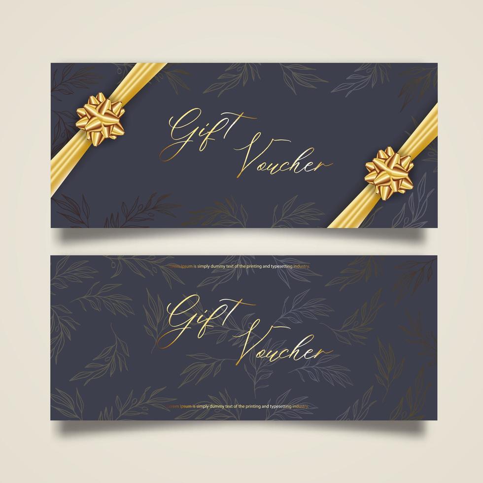 Set of stylish gift voucher with golden ribbon and bow. Vector elegant template for gift card, coupon and certificate isolated from background.