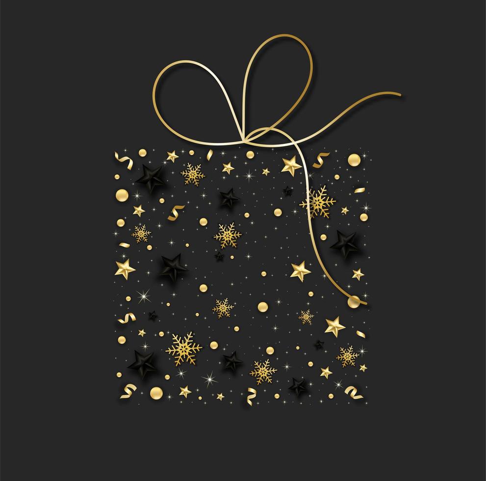 Christmas background with shining red snowflake, star and snow. Merry Christmas card illustration on black background. Sparkling gold snowflakes with glitter texture. vector