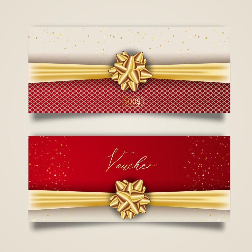 Set of stylish gift voucher with golden ribbon and bow. Vector elegant template for gift card, coupon and certificate isolated from background.