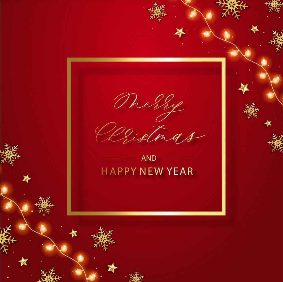 Holiday background with christmas lights, garlands, snowflakes and frame. Merry Christmas card illustration on red background. vector