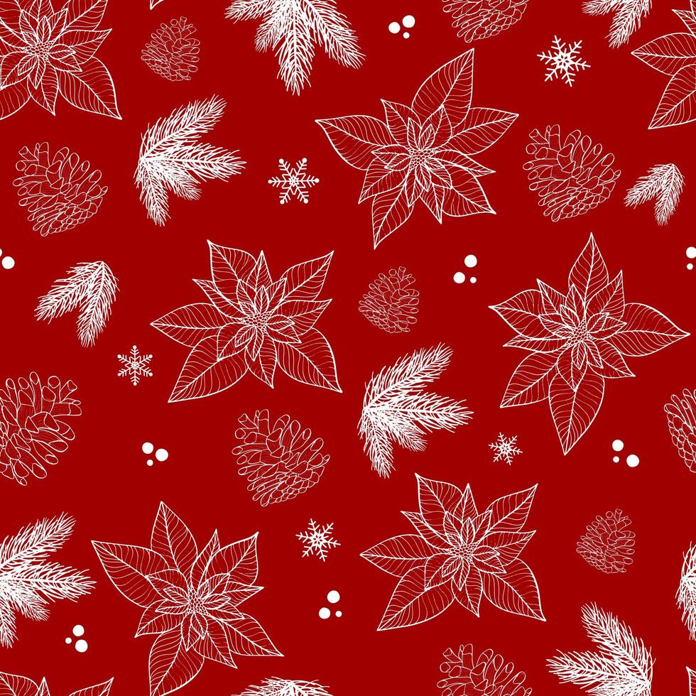 Seamless pattern with hand drawn poinsettia flower and floral branch, berry, snowflake, mistletoe, christmas tree. vector