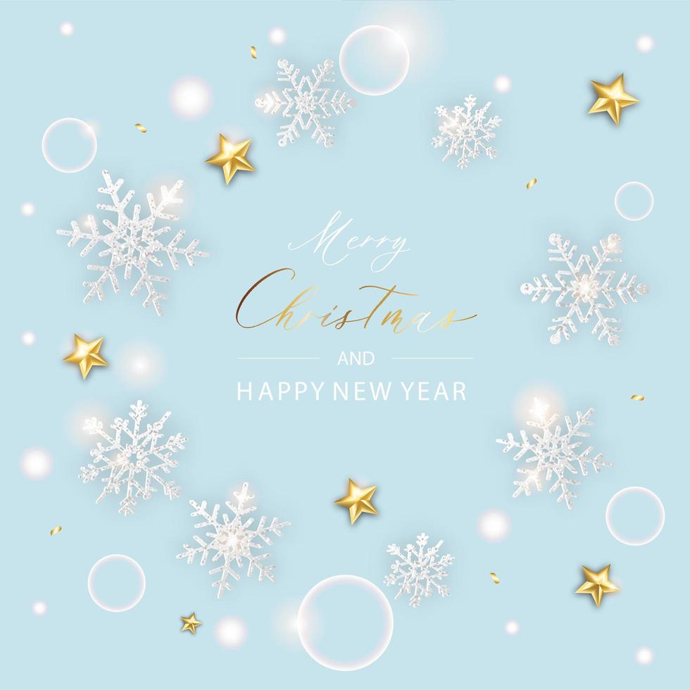 Merry Christmas banner. Background Xmas design poster of sparkling lights star and snowflake and glitter gold confetti. vector