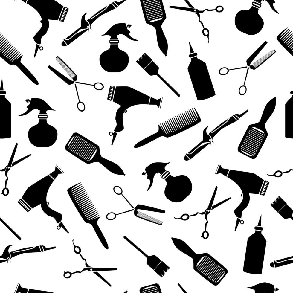 Black and white hairdresser tools seamless pattern with curling iron, hair blow, comb, bruh and hair spray. Simple illustration. vector
