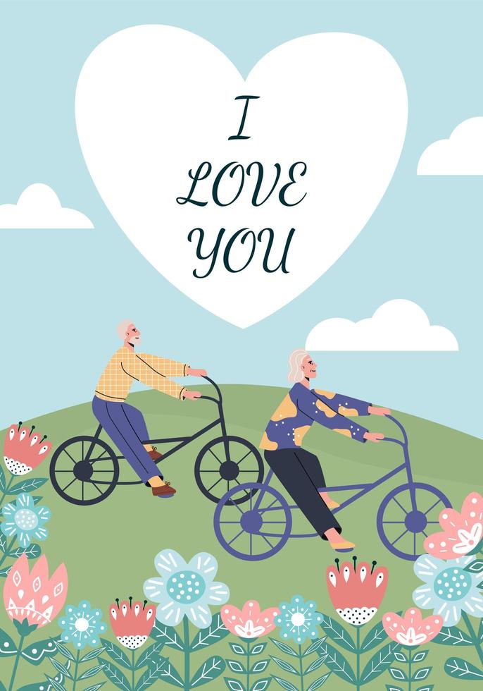 Happy St Valentine Day Celebration.14th February postcard with cute senior couple, flowers and heart. Elderly man and woman riding bicycles. Flat vector illustration in trendy colors