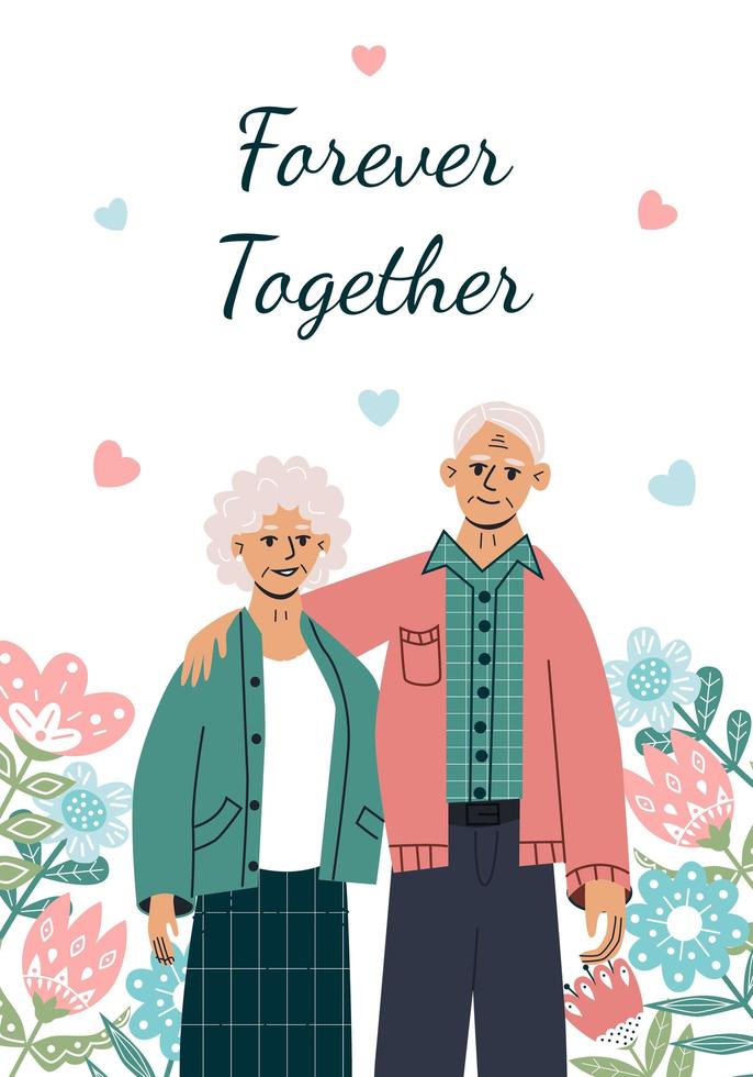 Happy St Valentine Day Celebration.14th February postcard with cute senior couple, flowers and hearts. Elderly man and woman hug each other. Flat vector illustration in trendy colors