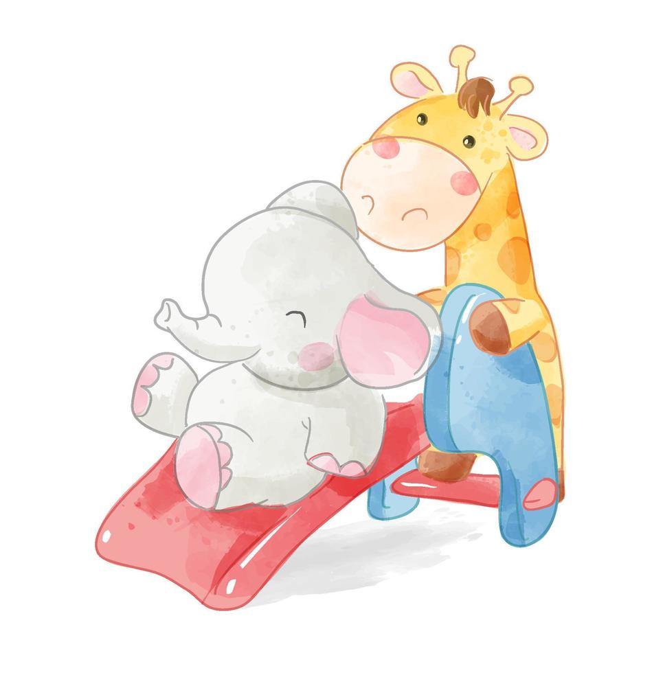 Cute cartoon animal friends playing slide illustration vector