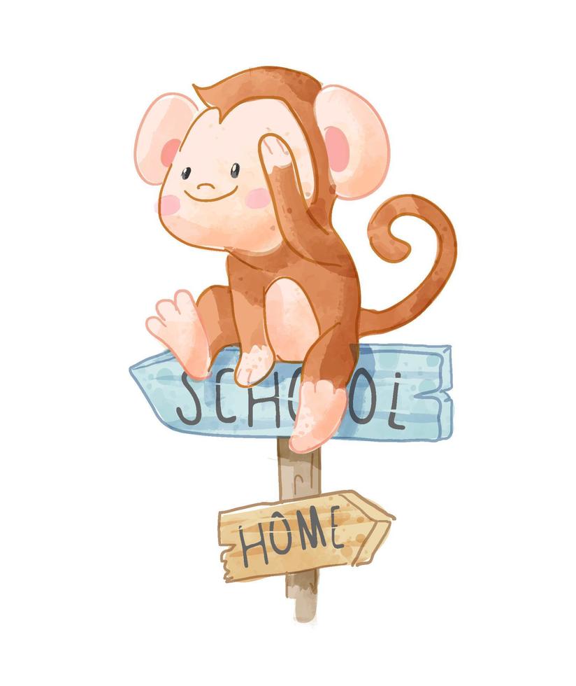 Little monkey sitting on school wood sign vector illustration