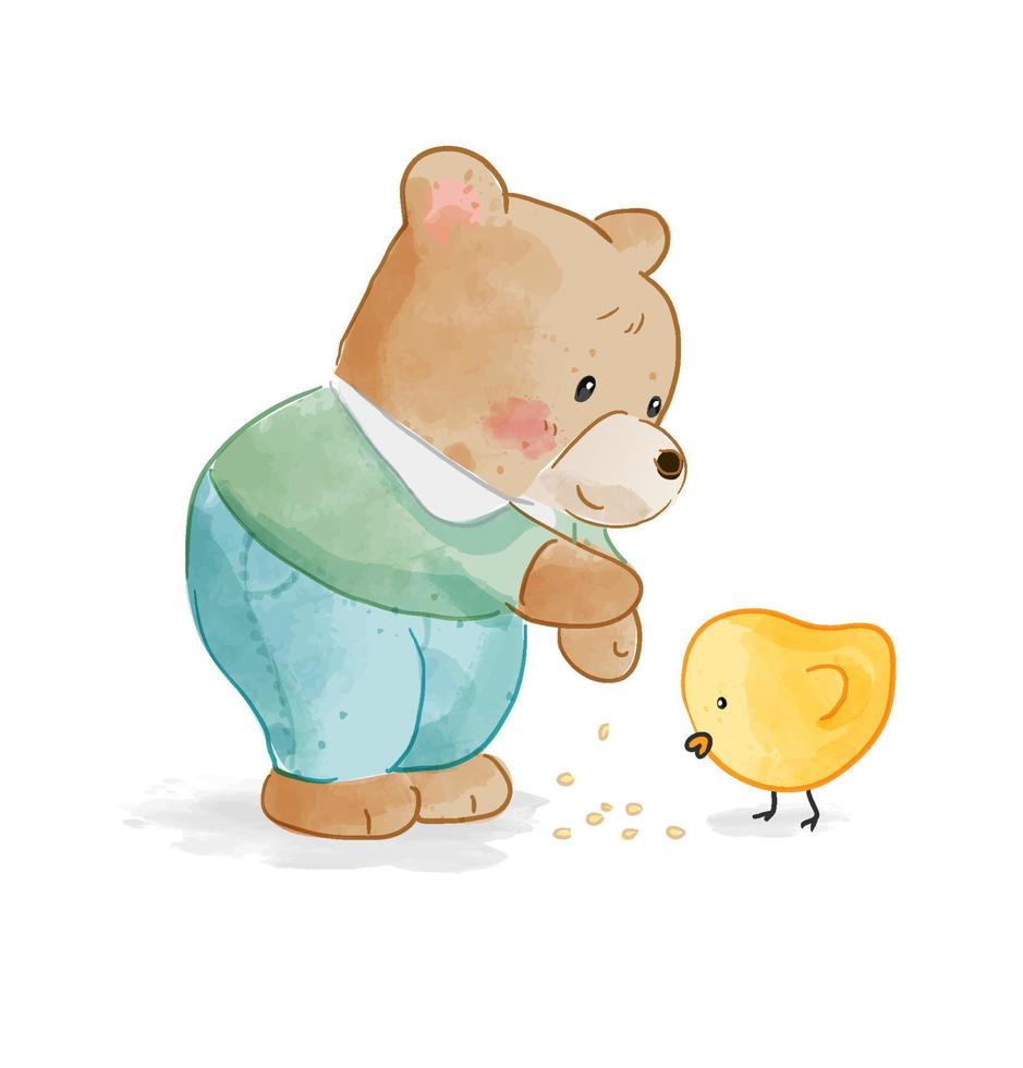 Cute cartoon bear feeding little duck cartoon illustration vector