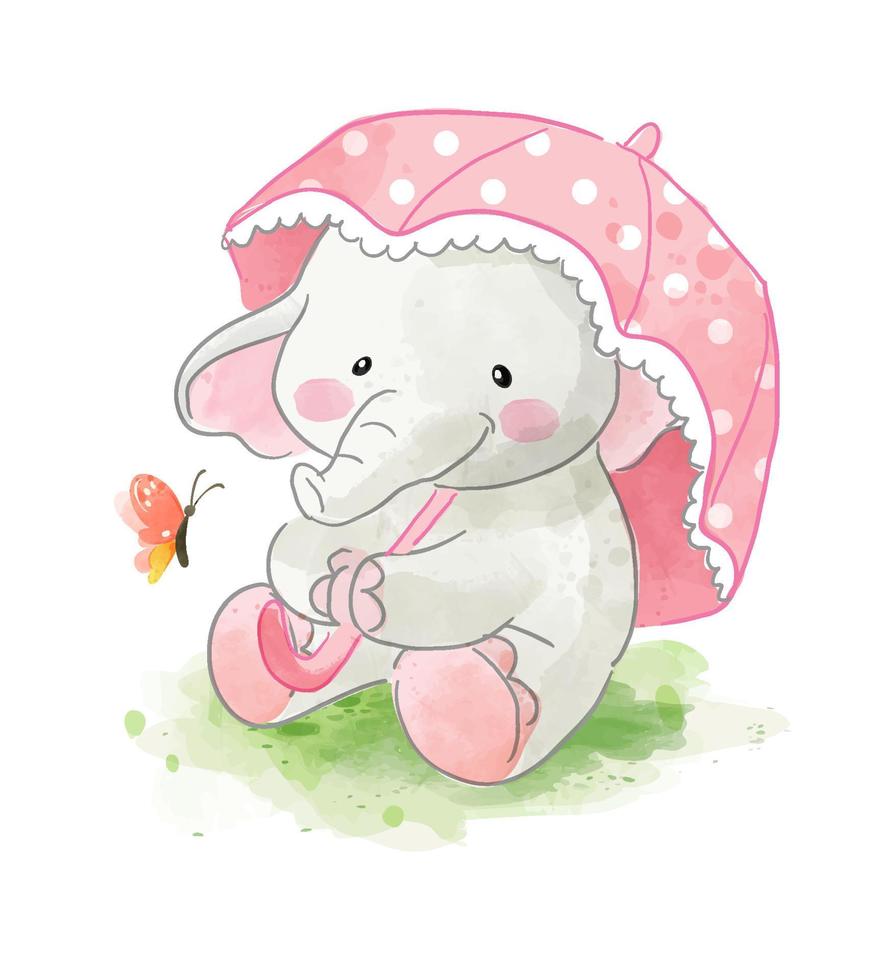 Little elephant holding umbrella and little butterfly illustration vector