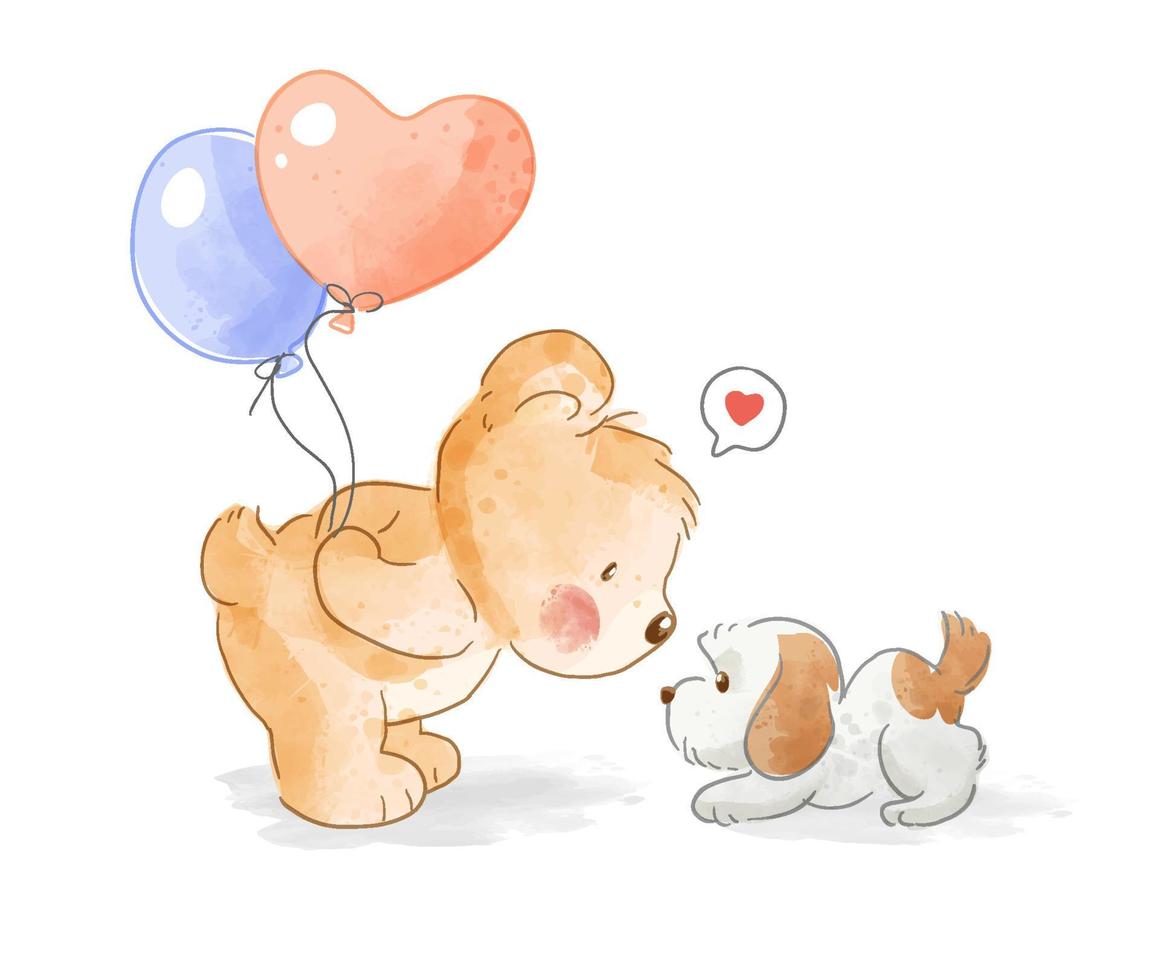 Cute bear holding balloons and little dog illustration vector