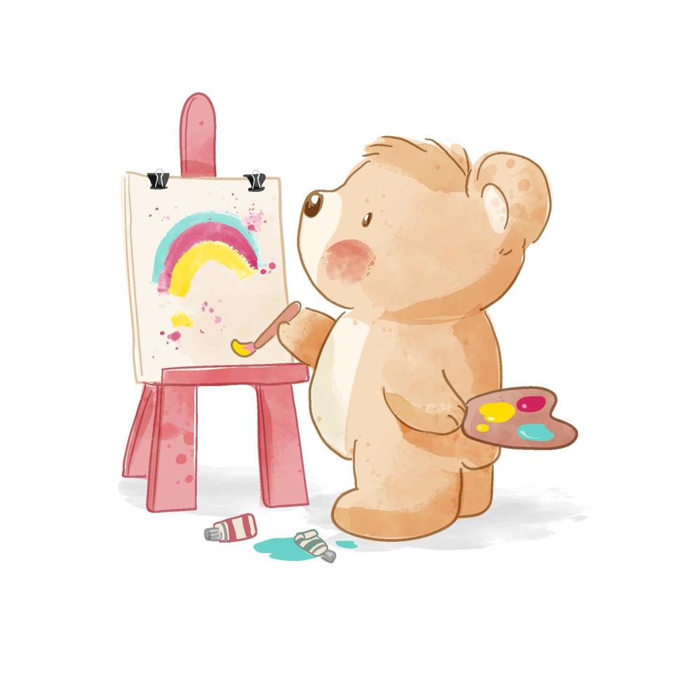 Cute cartoon bear artist painting on canvas vector illustration ...