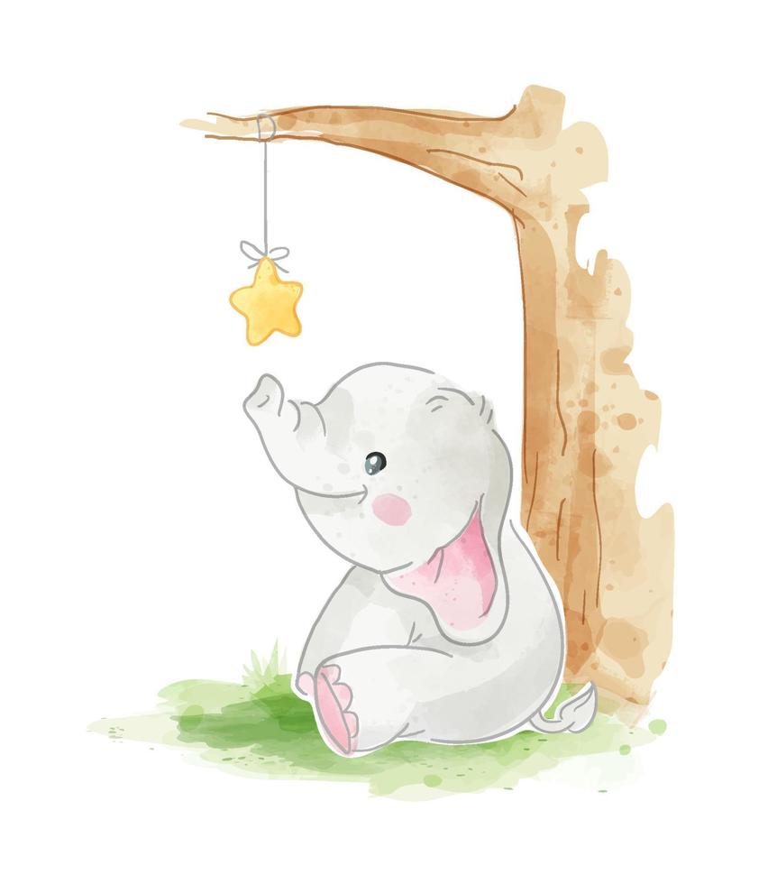 lindo elefante sentado con una pequeña estrella colgando en la ilustración del árbol vector