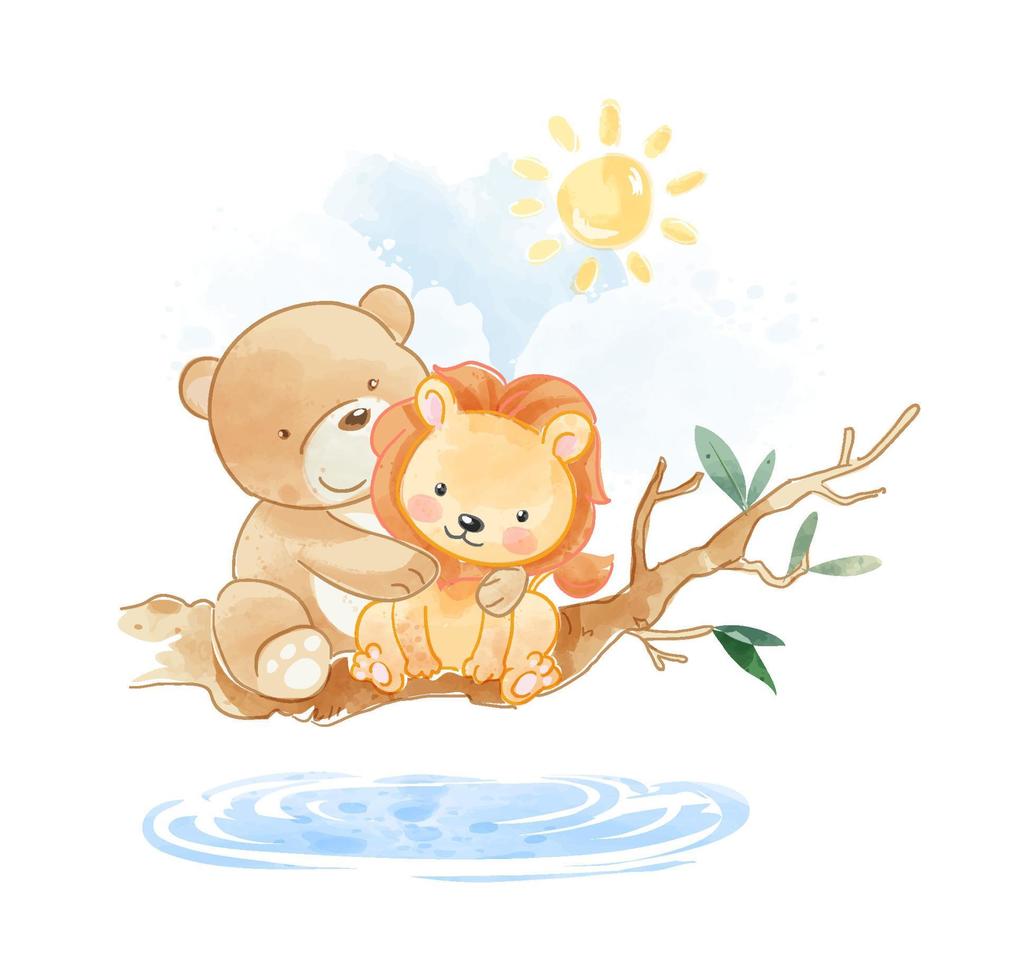 Cute animal friends sitting on tree branch illustration vector