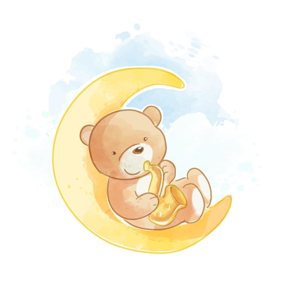 cute cartoon bear with saxophone on the moon vector illustration