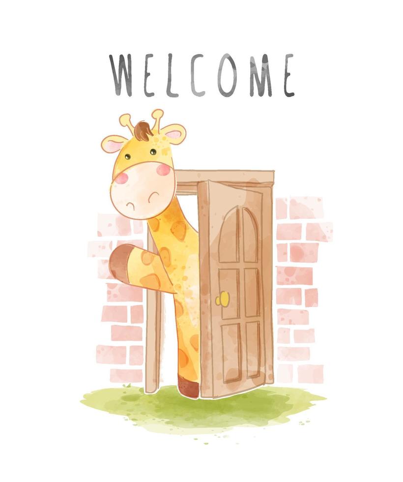 welcome slogan with cartoon giraffe in front of wood door illustration vector