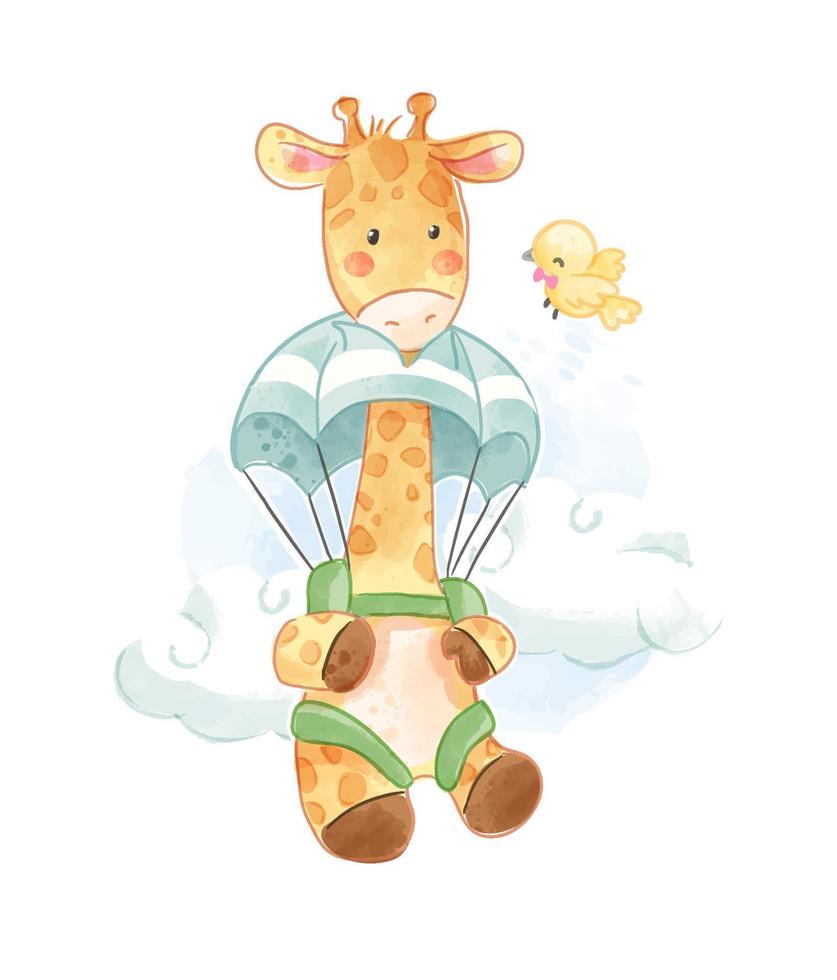 giraffe on parachute and little bird illustration vector