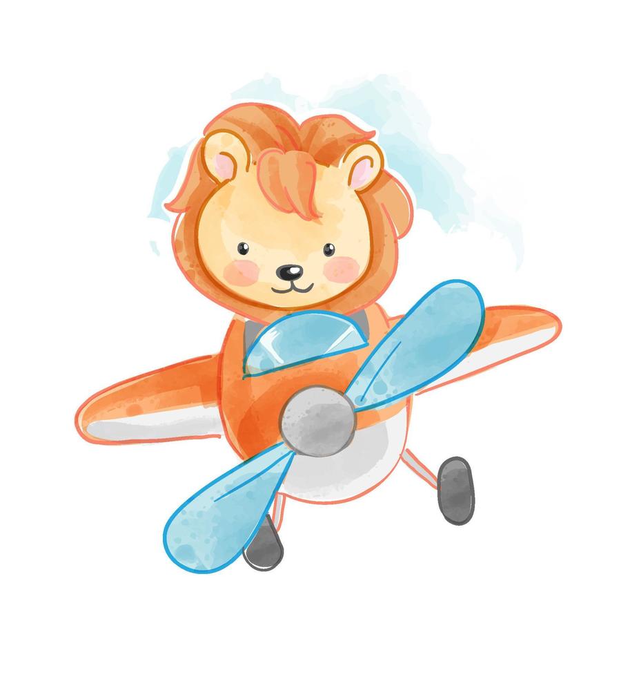 Lindo piloto de león de dibujos animados en la ilustración de vector de avión volador