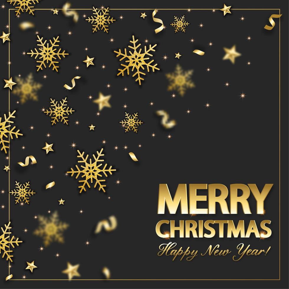 Christmas background with shining gold snowflake, star and confetti. Merry Christmas card illustration on black background. vector
