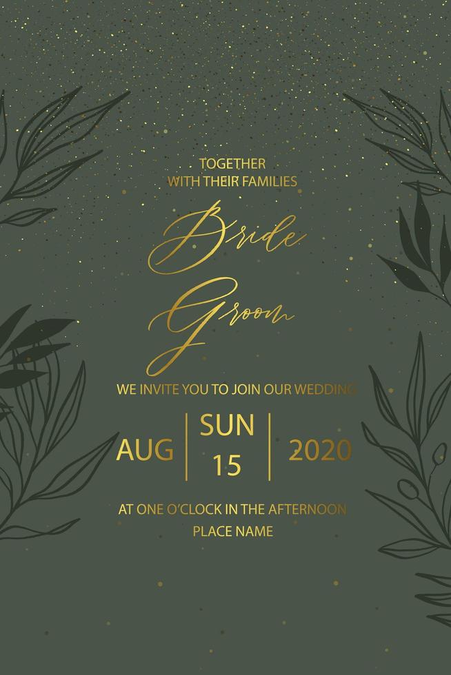 Elegant wedding invitation card with botanical leaves and gold glitter. vector