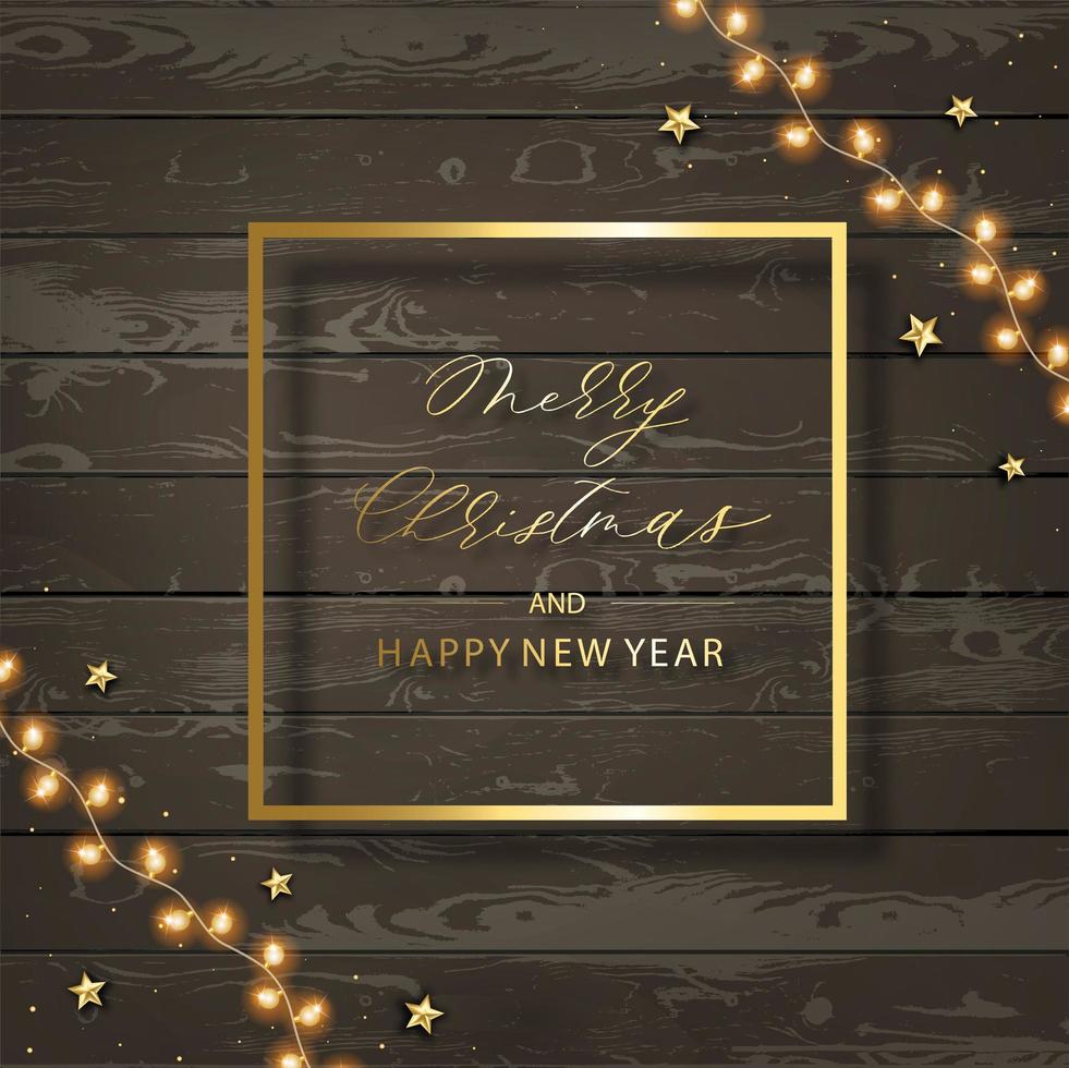 Holiday background with christmas lights, garlands and frame. Merry Christmas card illustration on wood background. vector