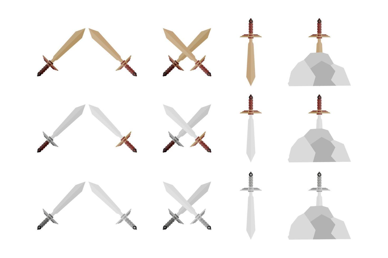 Set of sword, battle icons, versus, sword in stone, illustrations for gaming. Cartoon vector