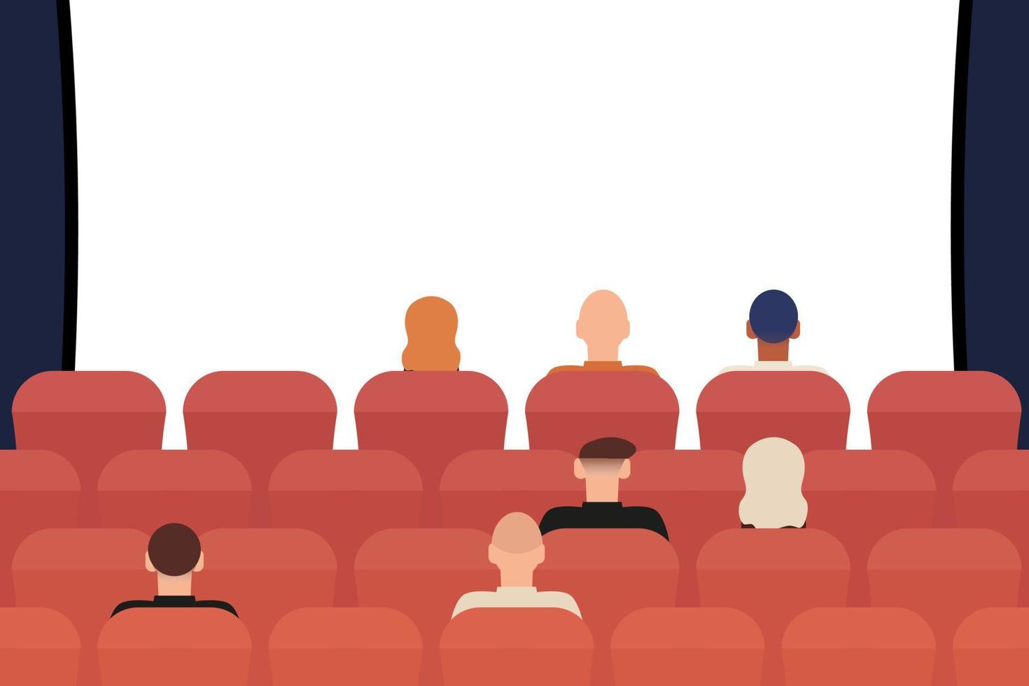 People sit in the cinema and look at the projection screen. Back view. Vector illustration