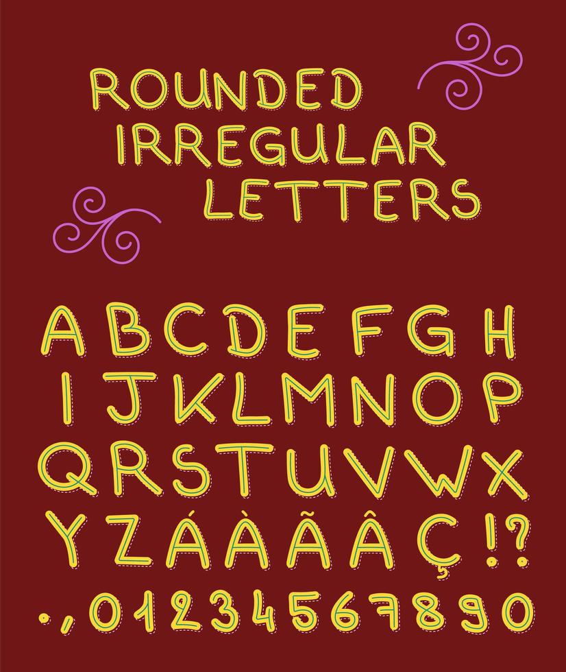 Rounded irregular letters, numbers, math sign and punctuation. vector