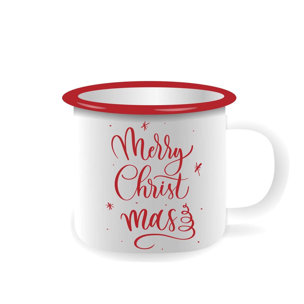 taza de hierro vectorial, maqueta para taza de diseño. feliz navidad - inscripción de letras a mano. vector