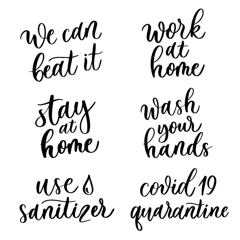 Set of lettering inscriptions about covid 19 quarantine. vector
