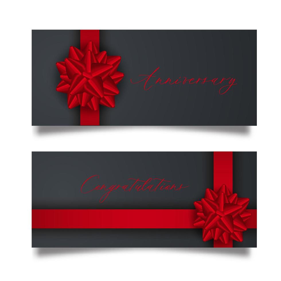 Set of luxury black card with red gift bow with ribbon. vector