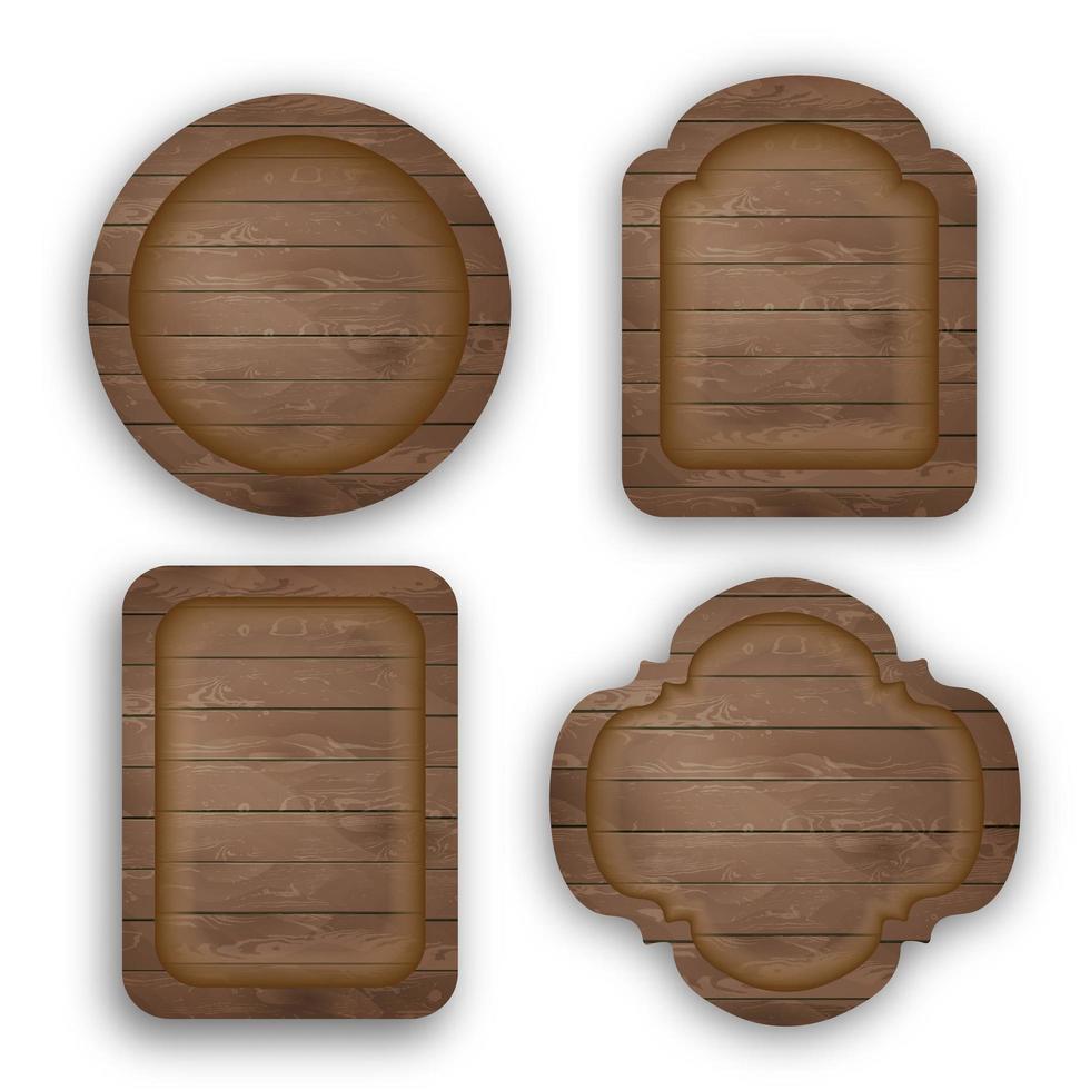 Wooden signs set. Rough rustic board and plank, signboard hanging, bar and saloon banner template, old guidepost, vintage restaurant signpos. vector