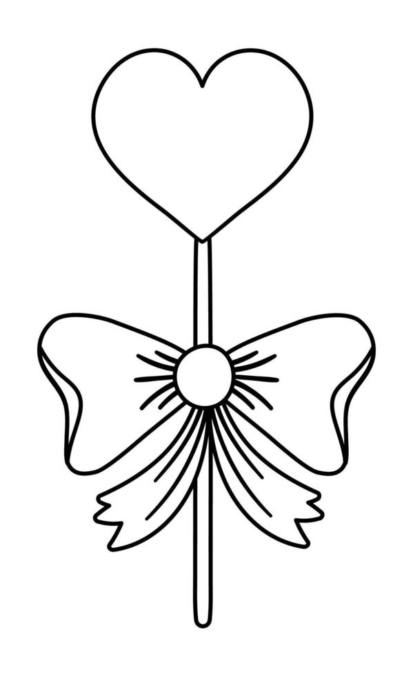 piruleta vectorial en forma de corazón en blanco y negro con lazo. lindo dulce aislado sobre fondo blanco. juguetón icono de la línea de vacaciones del día de san valentín o página para colorear. vector