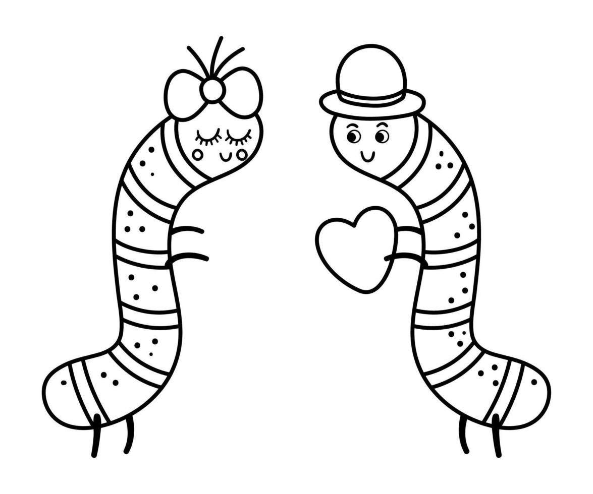 Vector cute black and white caterpillars pair. Loving couple illustration. Love relationship or family concept. Romantic insects isolated on white background. Funny Valentine day line characters.