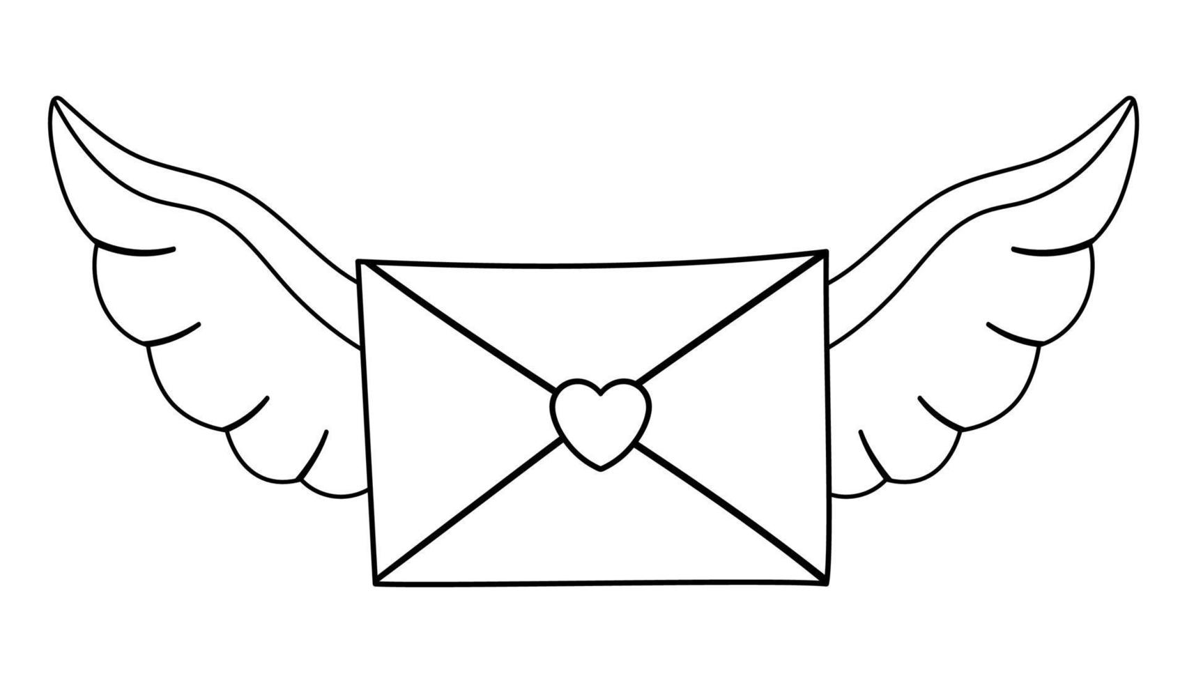 carta vectorial en blanco y negro sellada con corazón y alas extendidas. símbolo del día de san valentín. elemento de post divertido con concepto de amor aislado sobre fondo blanco. juguetón icono de línea de vacaciones de febrero vector