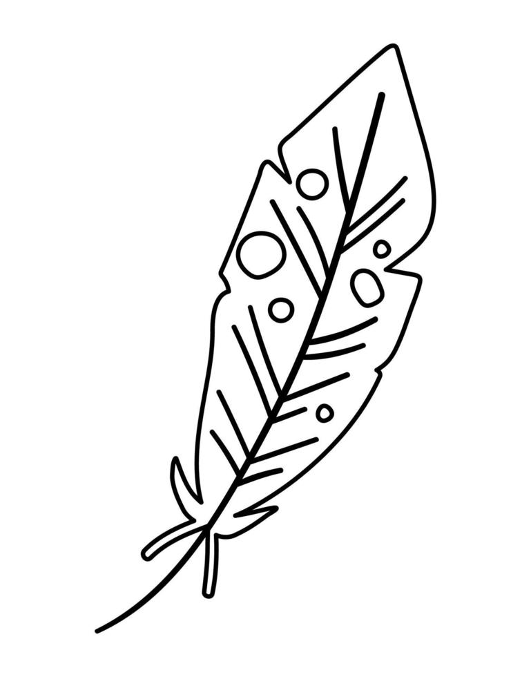 Vector black and white feather isolated on white background. Funny romantic design element. Line icon or coloring page