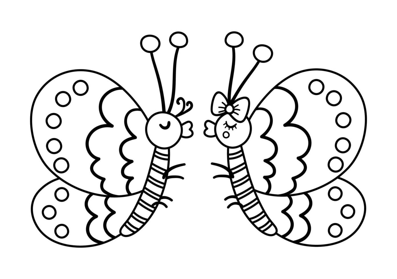 vector lindo par de mariposas en blanco y negro. ilustración de pareja amorosa. relación de amor o concepto de familia. insectos románticos aislados sobre fondo blanco. divertidos personajes de la línea del día de san valentín.