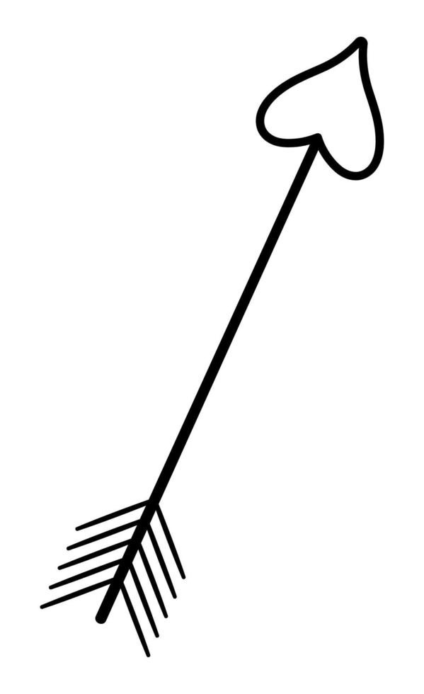 Vector black and white arrow with heart shaped tip. Cute Saint Valentine day symbol isolated on white background. Playful love holiday line icon or coloring page.