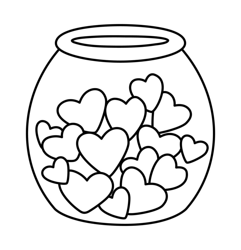 Vector black and white glass jar with hearts inside. Cute pot isolated on white background. Playful Saint Valentine day line icon or coloring page.