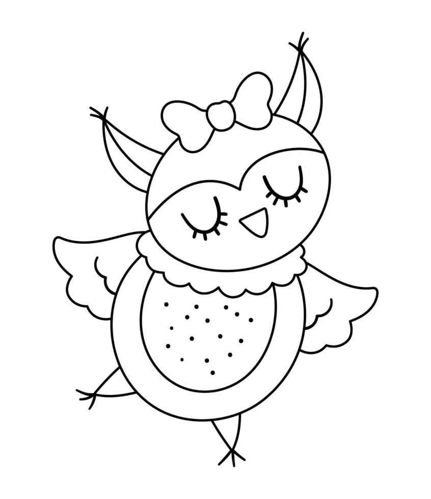 Vector cute black and white owl girl. Dancing woodland bird illustration. Romantic forest animal isolated on white background. Funny Valentine day line character icon or coloring page.