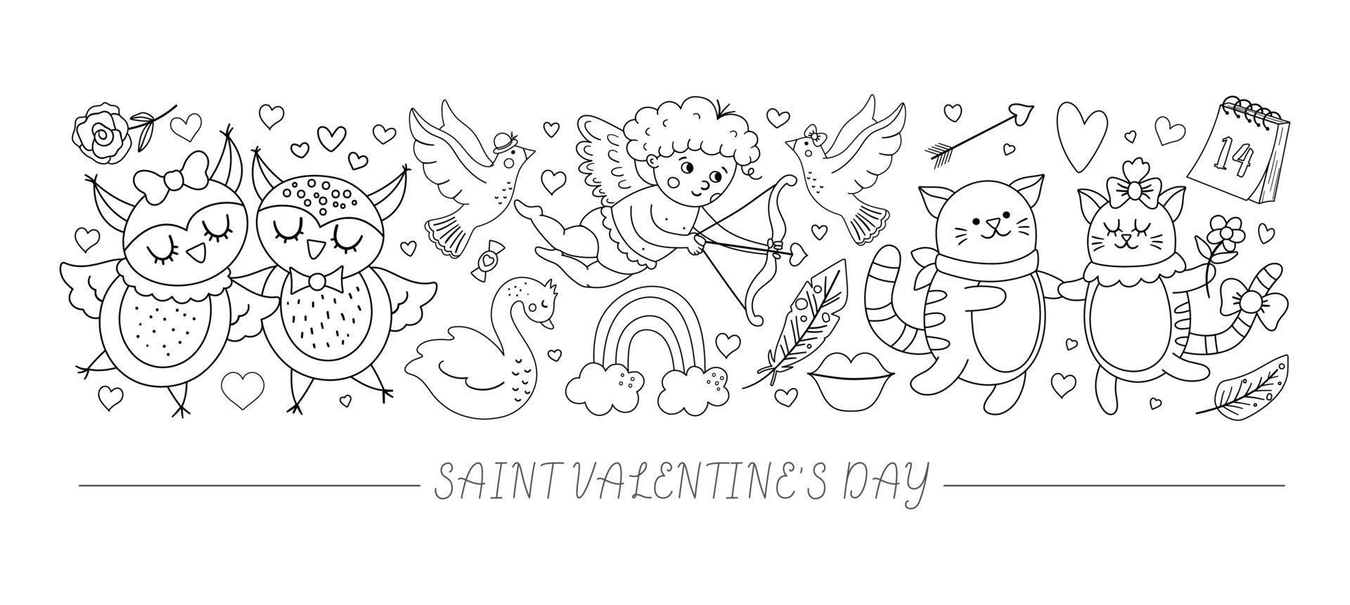 Conjunto vectorial horizontal en blanco y negro con personajes y elementos planos del día de San Valentín. diseño de plantilla de tarjeta con cupido de línea, animales divertidos, corazones. linda frontera de vacaciones de amor de febrero. vector