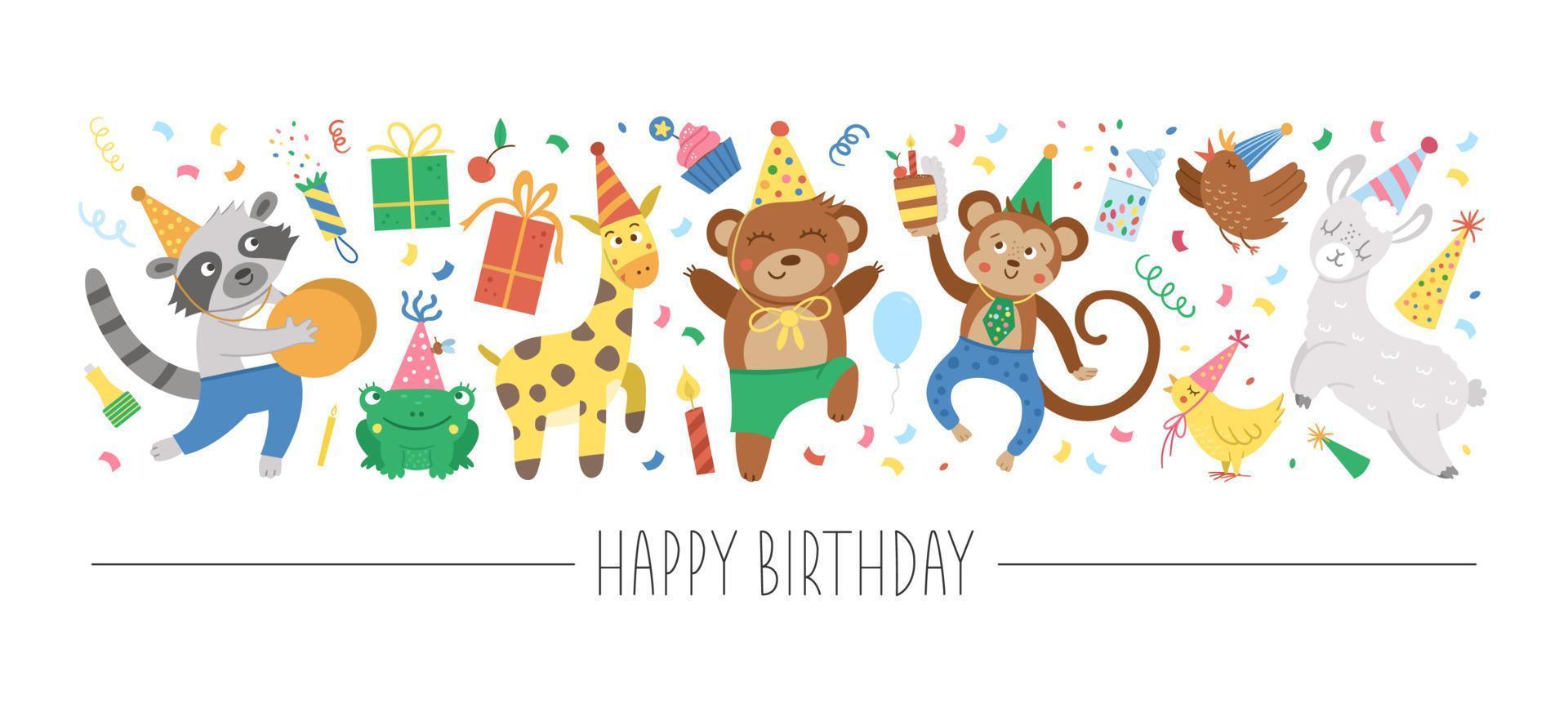 conjunto horizontal vectorial con personajes y elementos de cumpleaños planos. diseño de plantilla de tarjeta con cupido, animales divertidos, presente, pastel, confeti. lindo borde de fiesta, ideal para la decoración de la zona de los niños. vector