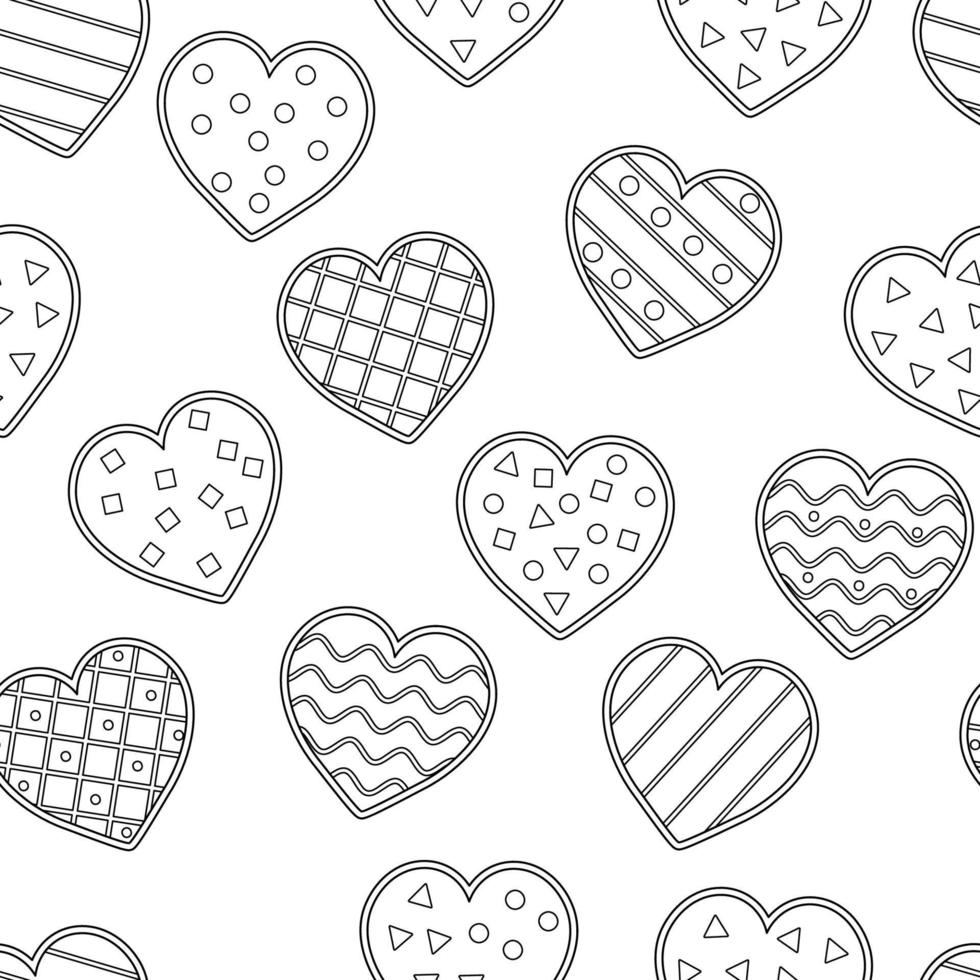 Vector black and white seamless pattern with cute decorated hearts. Repeating background with Saint Valentine day symbols. Playful February holiday line texture with love concept