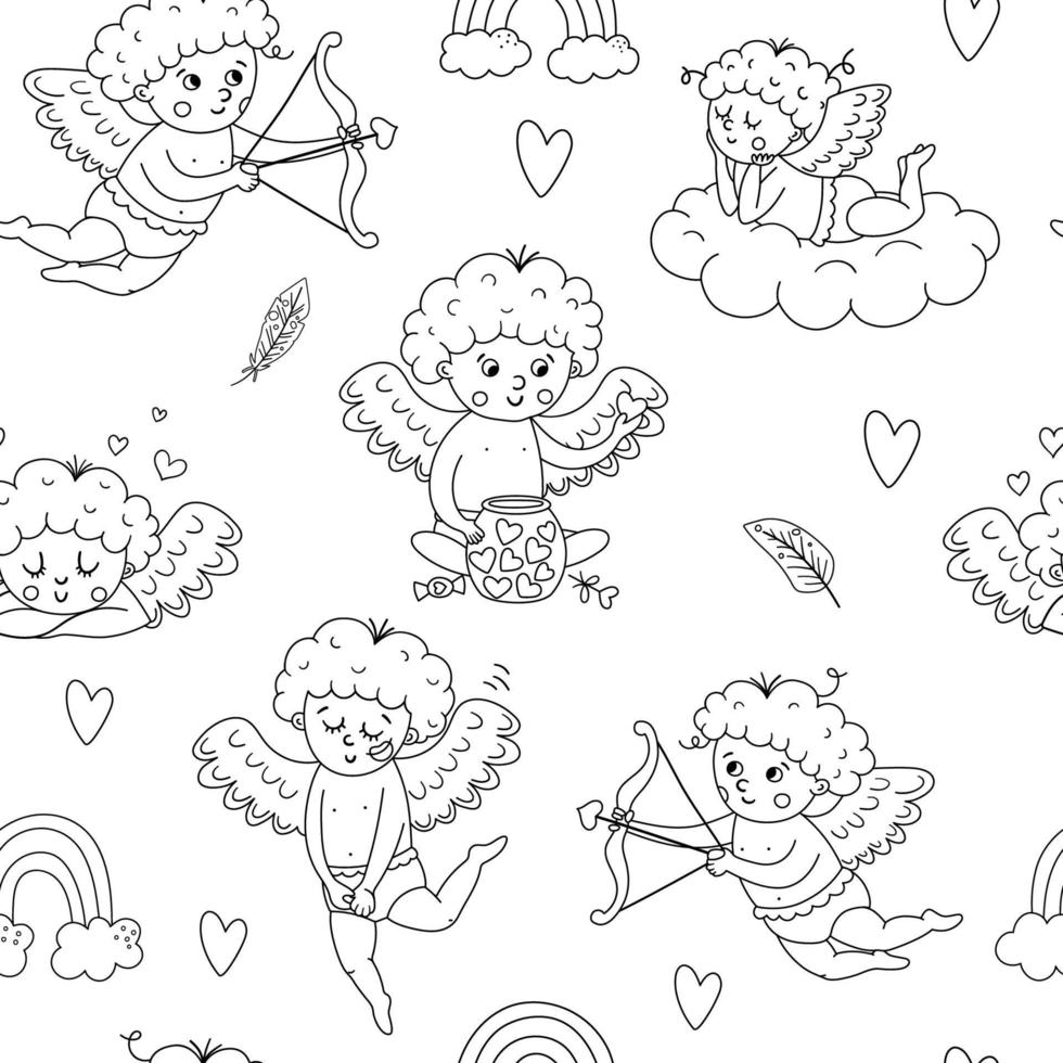 patrón transparente de vector blanco y negro con lindos cupidos. fondo repetitivo con divertidos personajes del día de san valentín. papel digital con concepto de amor. textura de línea lúdica con querubines.