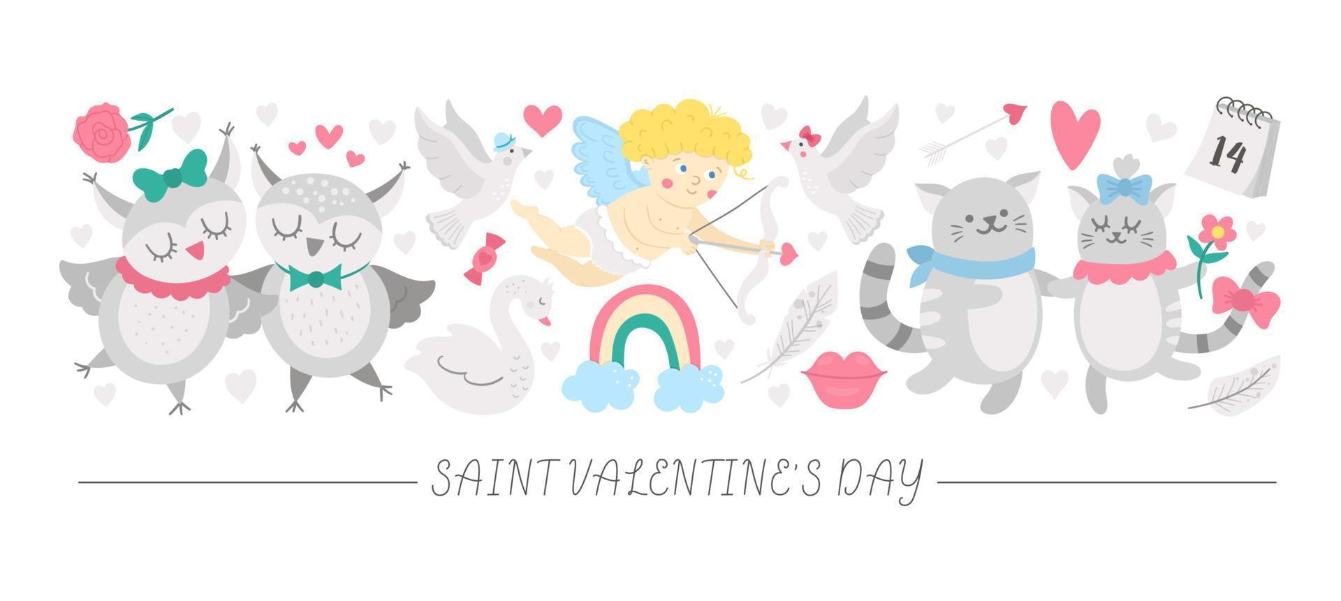 Vector horizontal set with flat Saint Valentine day characters and elements. Card template design with cupid, funny animals, hearts, flowers. Cute February love holiday border.
