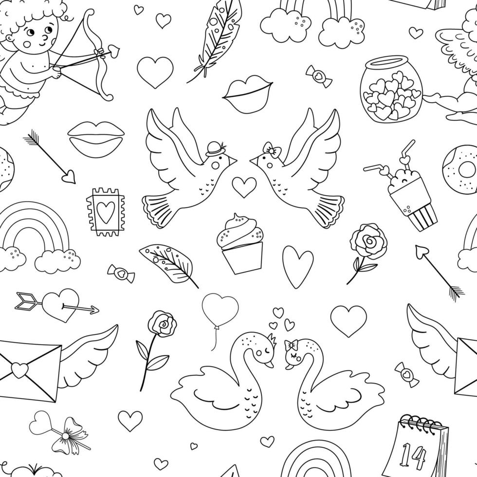 Vector black and white seamless pattern with Saint Valentine day symbols. Repeating background with cute characters and love objects. Playful February holiday line texture or coloring page