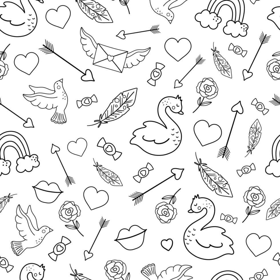 Vector black and white seamless pattern with Saint Valentine day symbols. Repeating background with cute letter, rose, hearts, feathers, dove, swan. Playful February holiday line texture