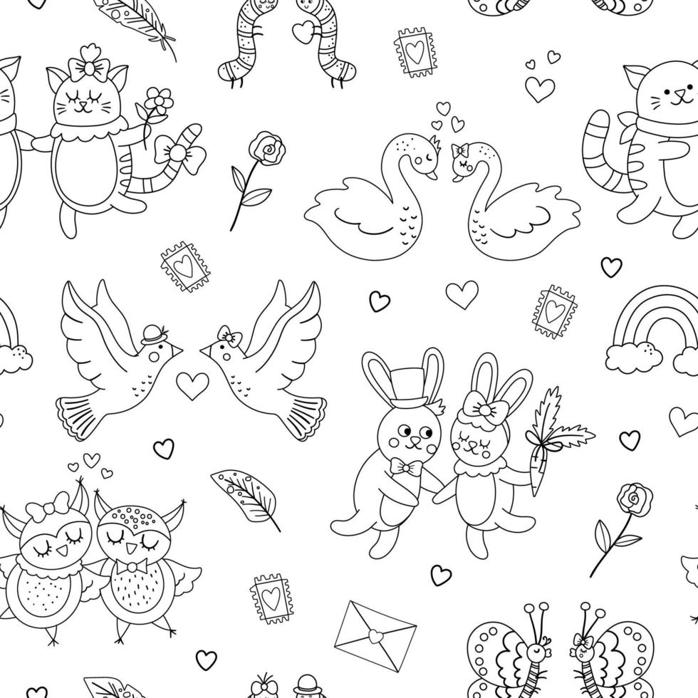 Vector black and white seamless pattern with cute animal pairs. Repeating background with loving couples. Love relationship concepts digital paper. Line texture with Valentines day characters.