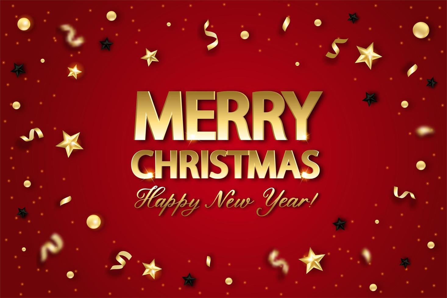 Christmas background with shining gold star and confetti. Merry Christmas card illustration on red background. vector